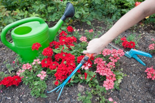 A garden bed featuring a variety of vibrant red and pink flowering plants, situated on dark, fertile soil. In the foreground, a gardener's hand, seen resting on a blue-handled garden fork, is tending to the plants. To the left, a bright green plastic watering can is positioned on the soil, with a matching spout and handle, suggesting outdoor gardening activity. The background contains leafy green foliage, indicating a well-maintained outdoor space, possibly in Wanstead or nearby in London. The scene depicts a typical gardening task with a focus on flowering plants and garden tools, suitable for landscape maintenance or plant care services offered by Landscapers Wanstead. The natural lighting presents a clear day, emphasizing the lush greenery and vibrant flowers, all set in an environment conducive to gardening and outdoor beautification.