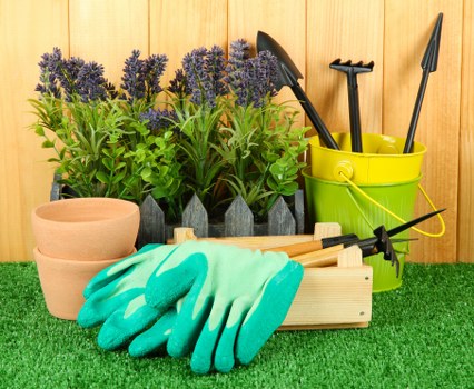 A collection of gardening tools and supplies arranged outdoors on a patch of artificial grass, including three small terracotta plant pots stacked together, a row of vibrant lavender plants in black pots behind the pots, and a green plastic bucket containing various hand tools such as pruning shears and a trowel. To the right, there is a wooden box with a pair of teal gardening gloves resting on top, situated in front of the bucket. The background features a wooden fence, providing a natural and tidy outdoor setting suitable for urban gardening or landscaping projects. The scene captures tools ready for garden maintenance, neatly organized in a compact space that could be part of a Wanstead backyard or front garden, emphasizing practical aspects of gardening services offered by Landscapers Wanstead, with a focus on tidy, accessible outdoor environments across the local area.